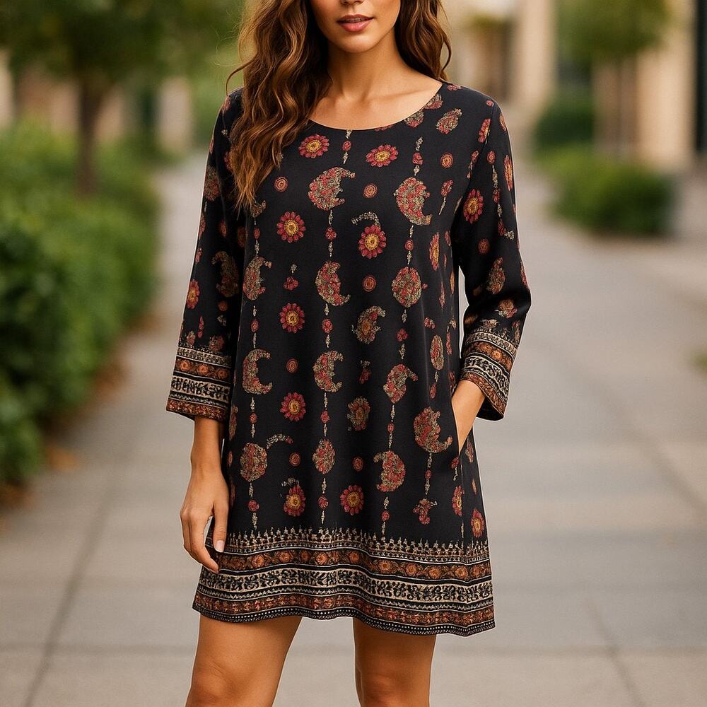 Gibiu Womens‎ Dress Sz S Black Paisley Print Shift 3/4 Sleeve NEW